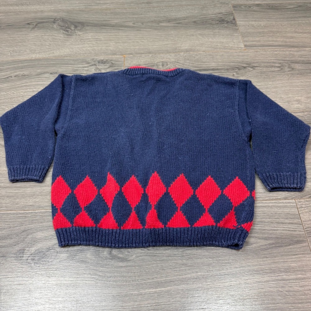 Vintage Kids Navy Argyle Knit Cardigan Red Trim Bon Voyage Crest Patch Size 4 - Picture 10 of 14